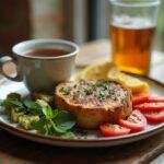 Un gros plan du petit déjeuner anti arthrose complet sur une table rustique avec une tasse de thé aux herbes à côté.