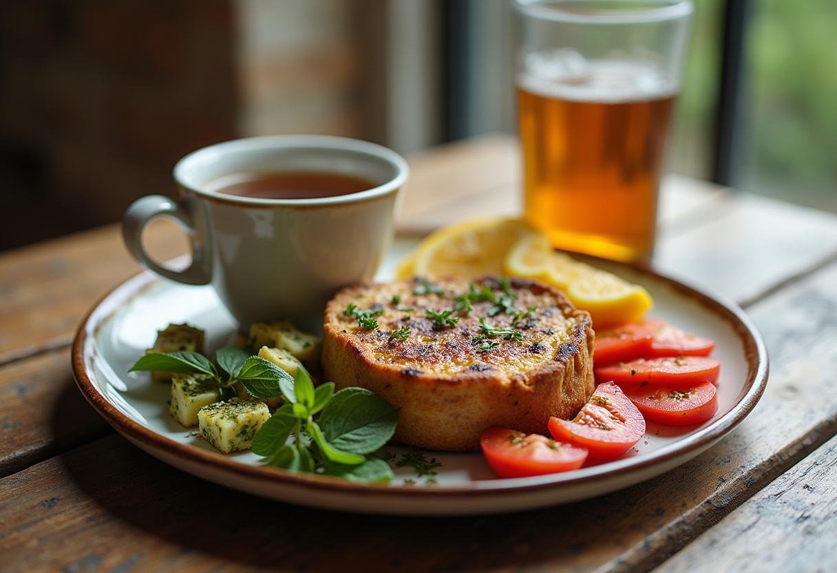 Un gros plan du petit déjeuner anti arthrose complet sur une table rustique avec une tasse de thé aux herbes à côté.