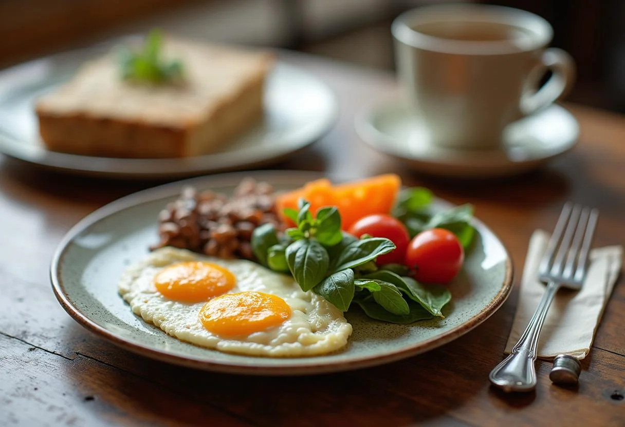 Un gros plan du petit déjeuner anti arthrose complet sur une table rustique avec une tasse de thé aux herbes à côté.