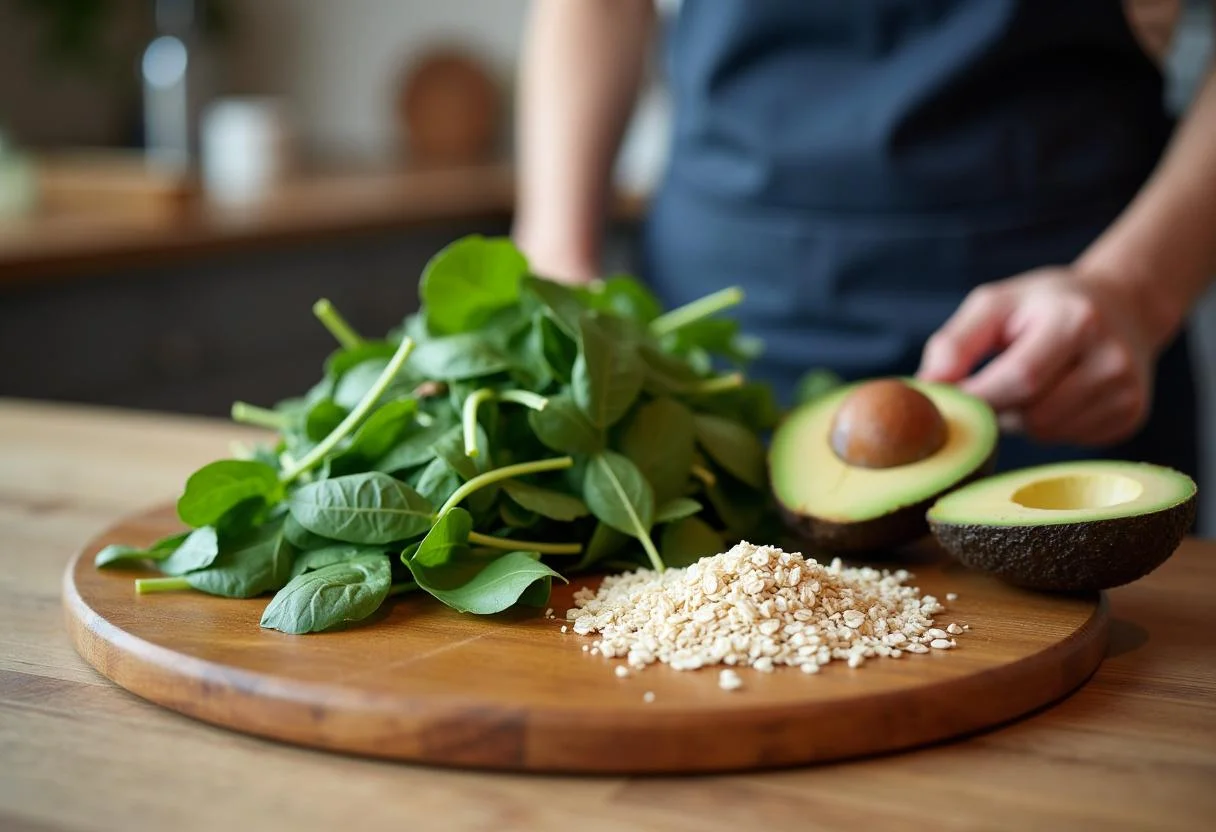 Ingrédients pour un petit déjeuner anti arthrose, incluant des épinards frais, de l'avocat et des flocons d'avoine sur une planche à découper en bois.