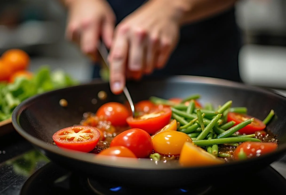 Un chef hachant des légumes frais, incluant tomates et poivrons, pour un petit déjeuner anti arthrose sur une cuisinière chaude.