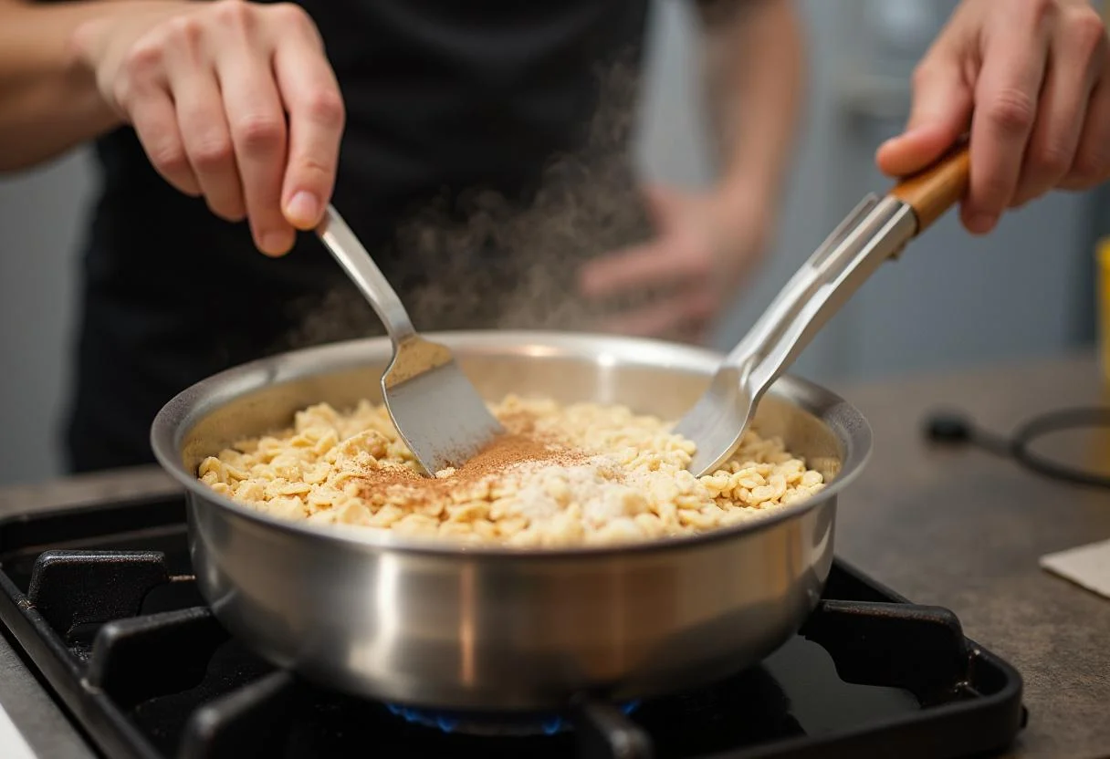 Un chef remuant des flocons d'avoine dans une casserole pour un petit déjeuner anti arthrose crémeux avec du lait d'amande et de la cannelle.