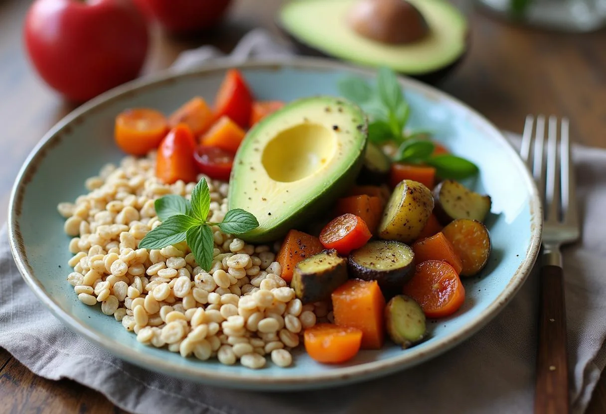 Une assiette de petit déjeuner anti arthrose joliment présentée avec des flocons d'avoine, des légumes sautés et des tranches d'avocat.
