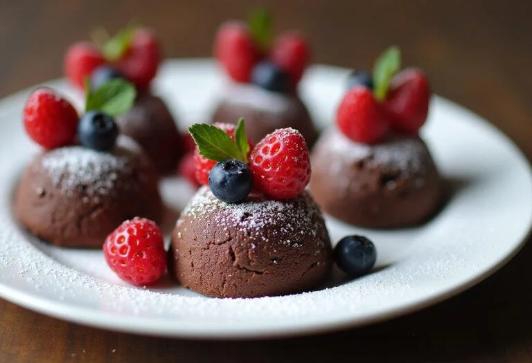 Dresser les petits gùteaux au chocolat avec du sucre glace et des baies fraßches pour une présentation élégante et gourmande.