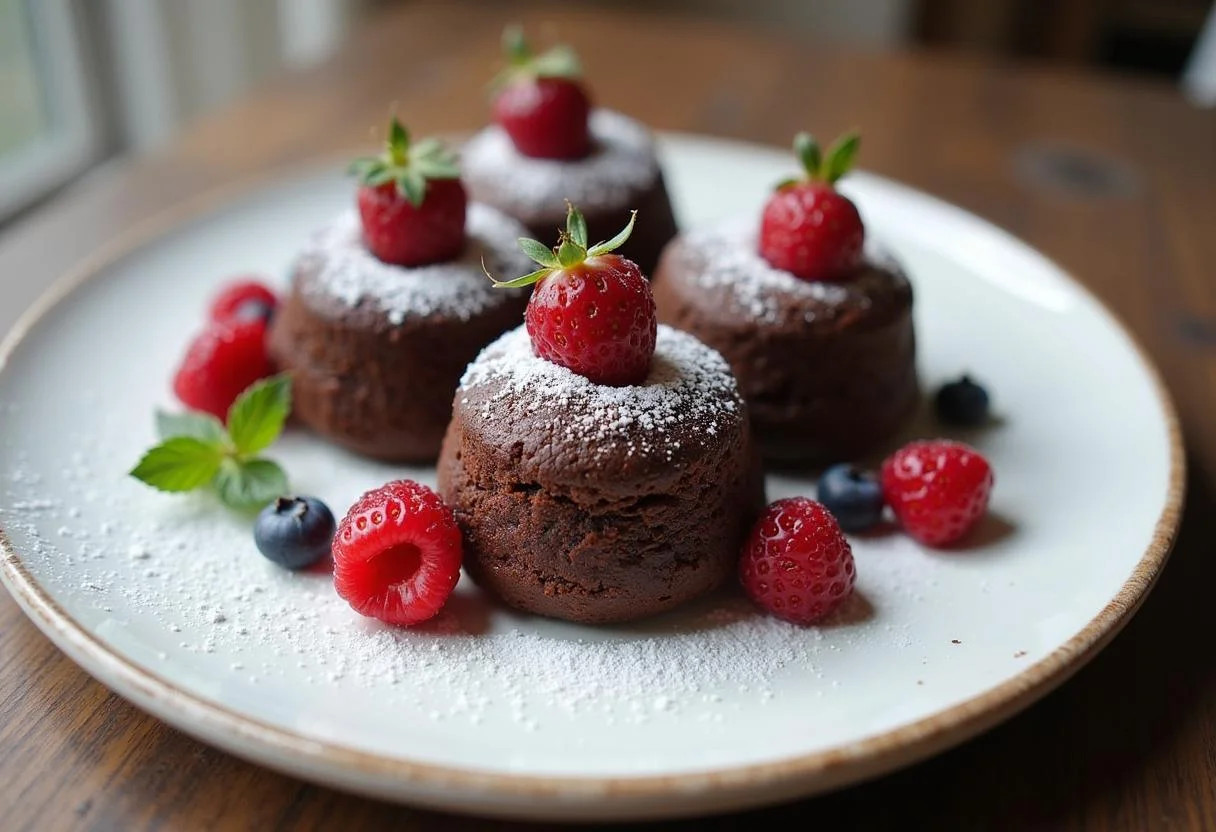 Dresser les petits gùteaux au chocolat avec du sucre glace et des baies fraßches pour une présentation élégante et gourmande.