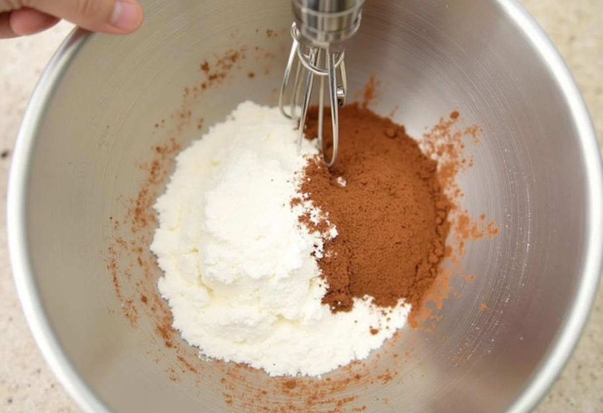 Mélanger la farine, le cacao en poudre et le sucre dans un bol pour préparer les petits gùteaux au chocolat délicats.