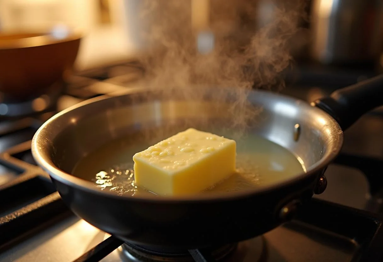 Beurre fondu dans une casserole pour la préparation des petits pains au chocolat, une étape essentielle pour la recette.