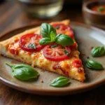 Une part de pizza 4 saisons magnifiquement présentée sur une assiette rustique, avec des garnitures colorées et du basilic frais.