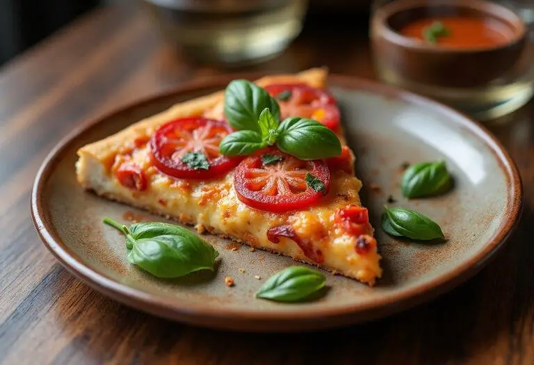 Une part de pizza 4 saisons magnifiquement présentée sur une assiette rustique, avec des garnitures colorées et du basilic frais.