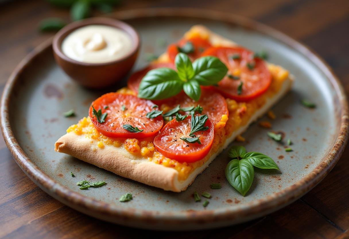 Une part de pizza 4 saisons magnifiquement présentée sur une assiette rustique, avec des garnitures colorées et du basilic frais.
