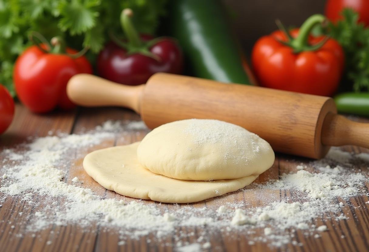 Préparation de la pâte à pizza 4 saisons sur une surface en bois, avec des ingrédients frais en arrière-plan.