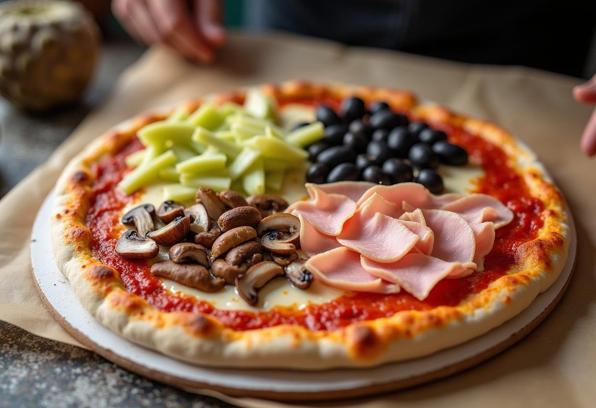 Montage de la pizza 4 saisons avec une sauce tomate, mozzarella et diverses garnitures de saison.