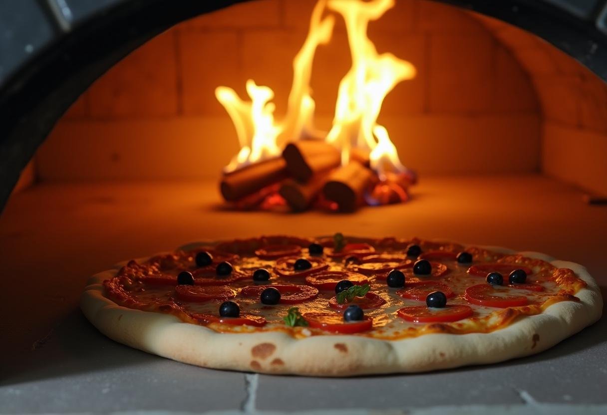 Pizza 4 saisons en train d'être mise au four à pizza traditionnel, prête à cuire.
