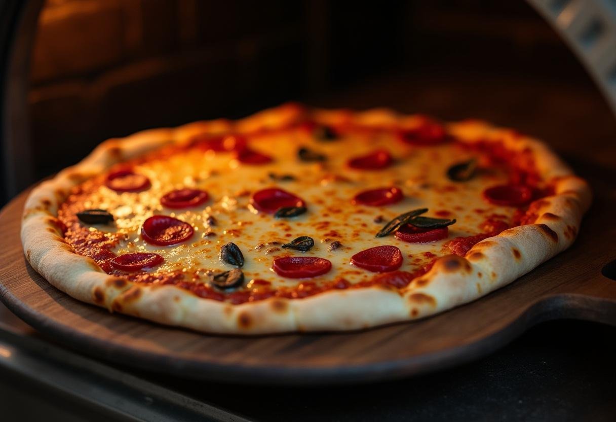 Pizza 4 saisons fraîchement cuite, sortie du four à pizza, révélant ses garnitures savoureuses.