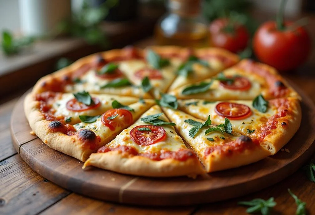 Pizza au thon parfaite, présentation finale de la recette de pizza au thon avec des tranches sur une planche en bois.