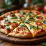 Pizza au thon parfaite, présentation finale de la recette de pizza au thon avec des tranches sur une planche en bois.
