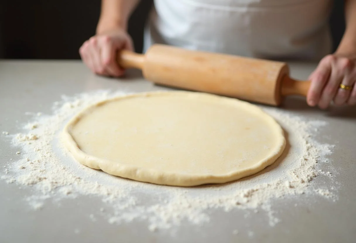 Pâte à pizza au thon, un processus de préparation de recette de pizza au thon simple avec une surface propre et de la farine éparpillée.
