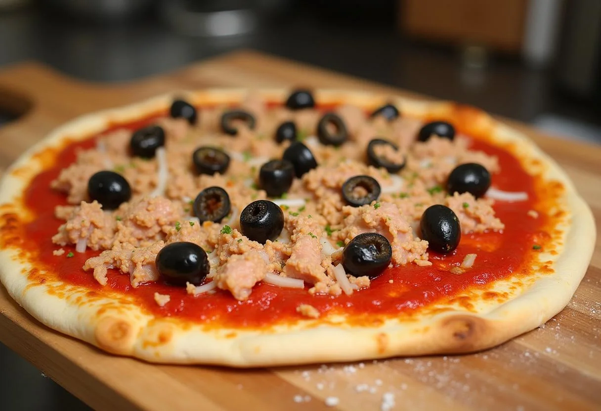 Base de pizza au thon recouverte de sauce tomate et de garniture de thon, oignons et olives, avant la cuisson.