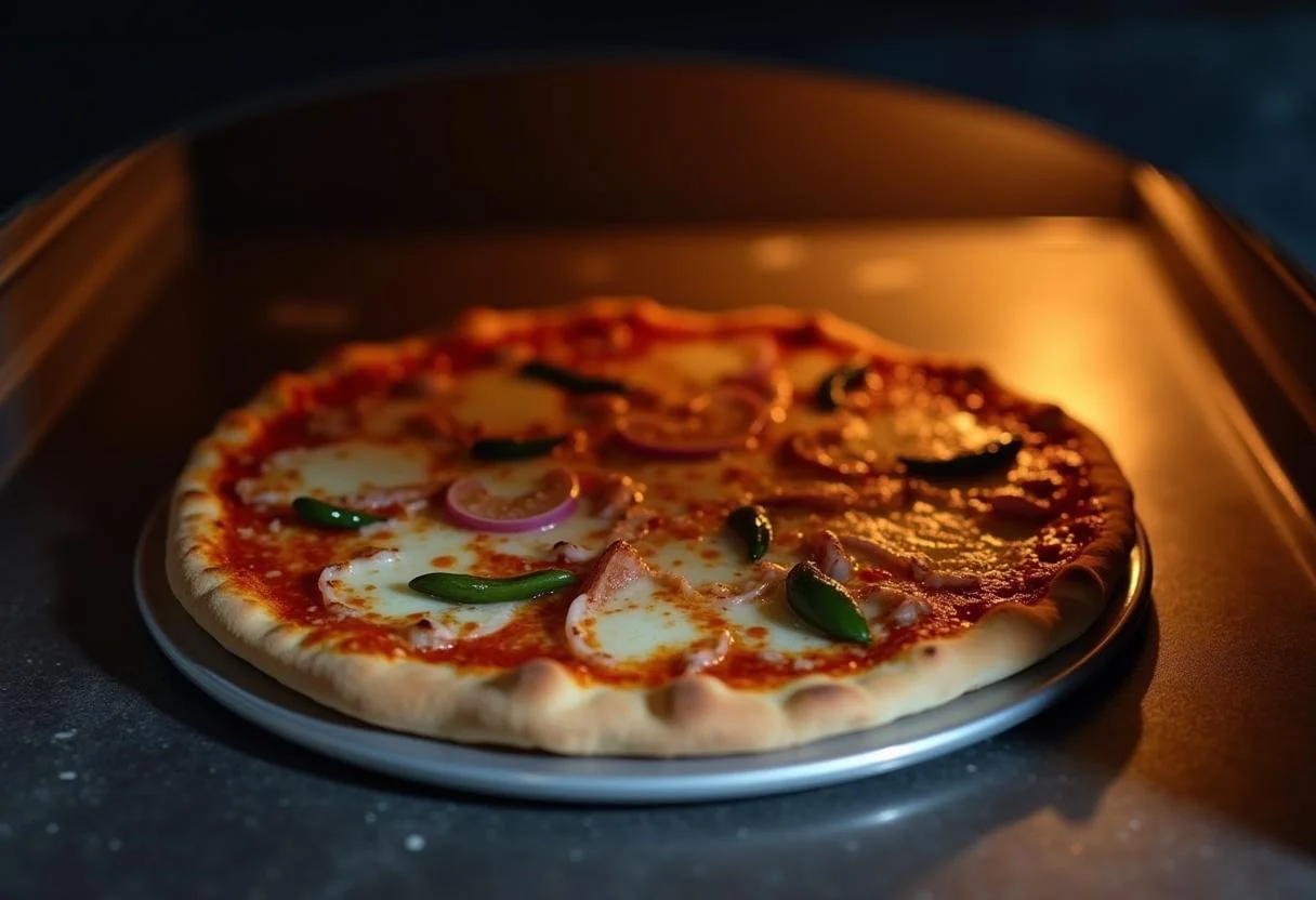 Mise au four de la pizza au thon, étape de cuisson de la recette simple de pizza au thon avec le plateau entré dans le four.