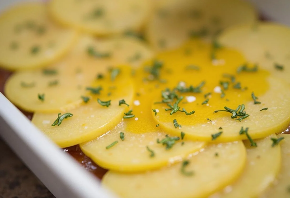 Fusion de beurre et d'huile d'olive pour Pommes Anna, offrant une recette rapide riche en saveurs.