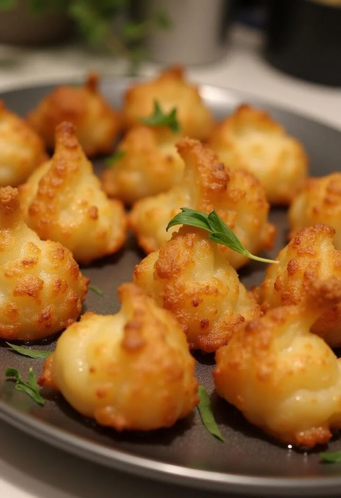 Golden-brown Pommes Dauphine Légères served on a platter, an elegant French appetizer.