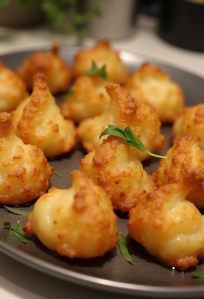Golden-brown Pommes Dauphine Légères served on a platter, an elegant French appetizer.