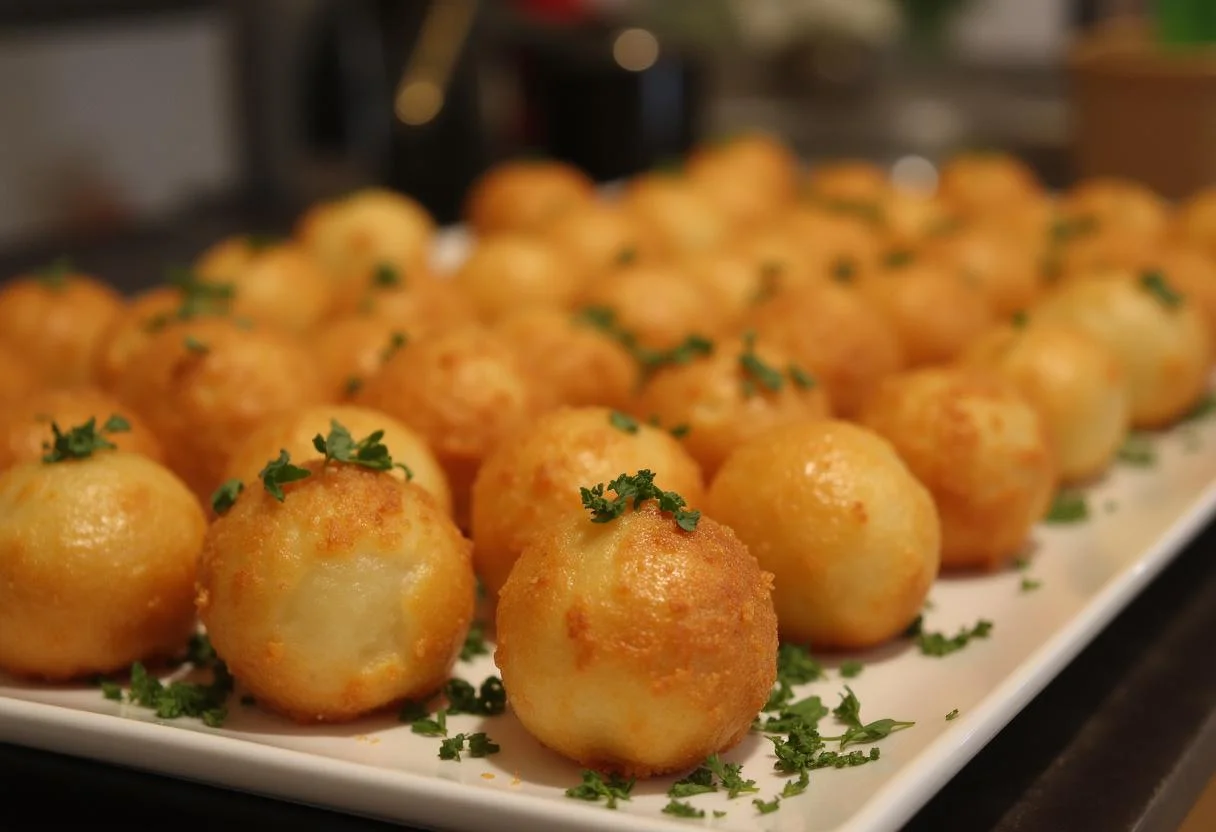 Pommes Dauphine Légères, dorées et servies sur un plateau, un apéritif français élégant.