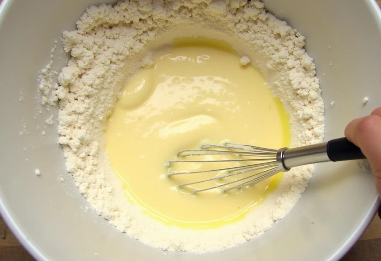 De la farine mélangée au beurre fondu et à l'eau pour la pâte des Pommes Dauphine Légères.