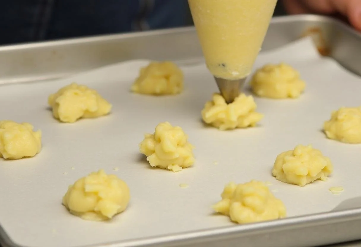 Pochage de petites portions de pâte pour Pommes Dauphine Légères sur une plaque à pâtisserie.