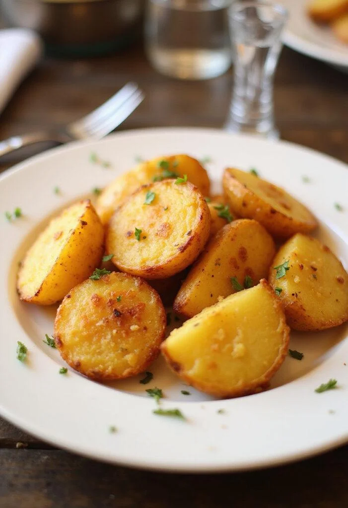 Golden Pommes Duchesse Dorées elegantly plated with herbs for an exquisite meal.