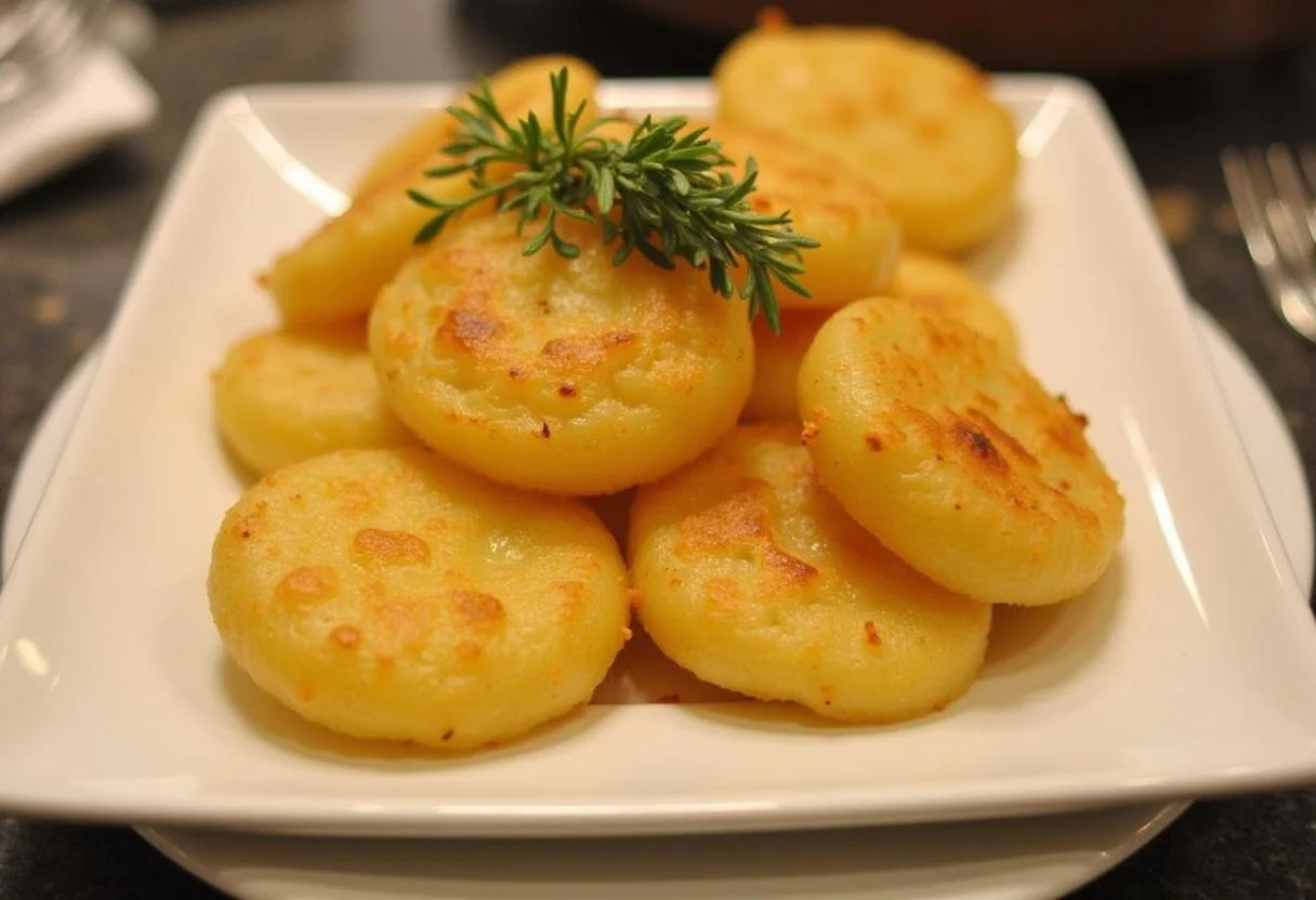 Pommes Duchesse Dorées dorées élégamment présentées avec des herbes aromatiques pour un repas exquis.