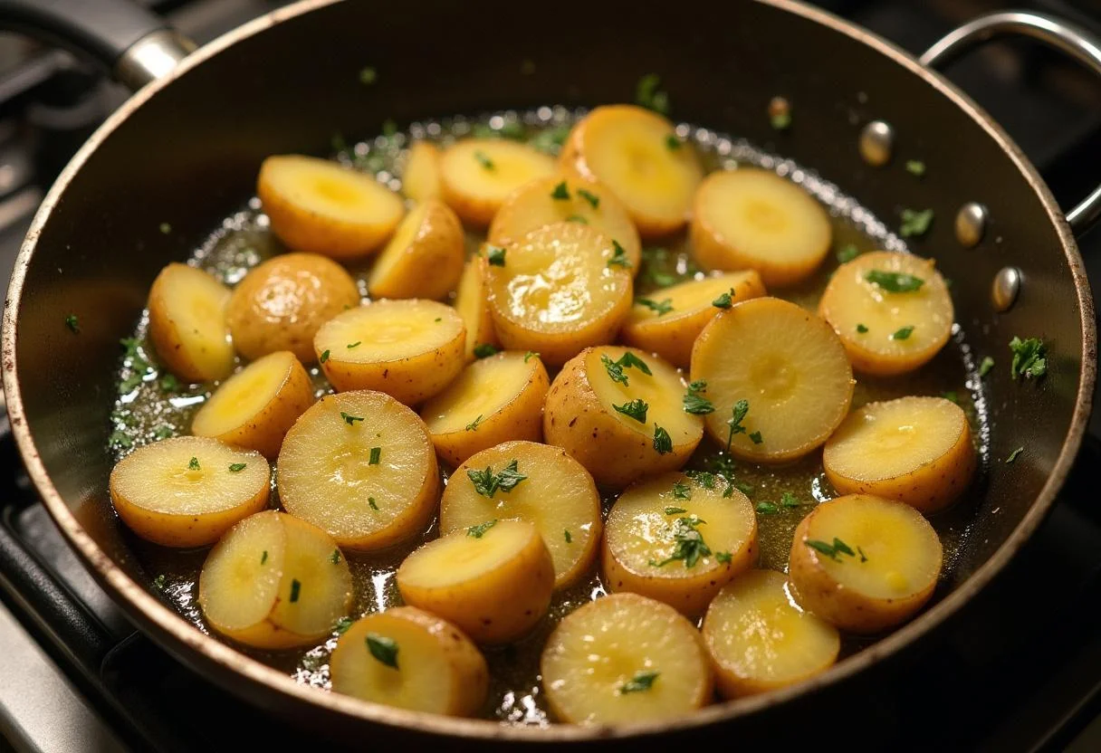 Cuisson de pommes de terre tranchées dans la graisse de canard pour la recette des Pommes Sarladaises.