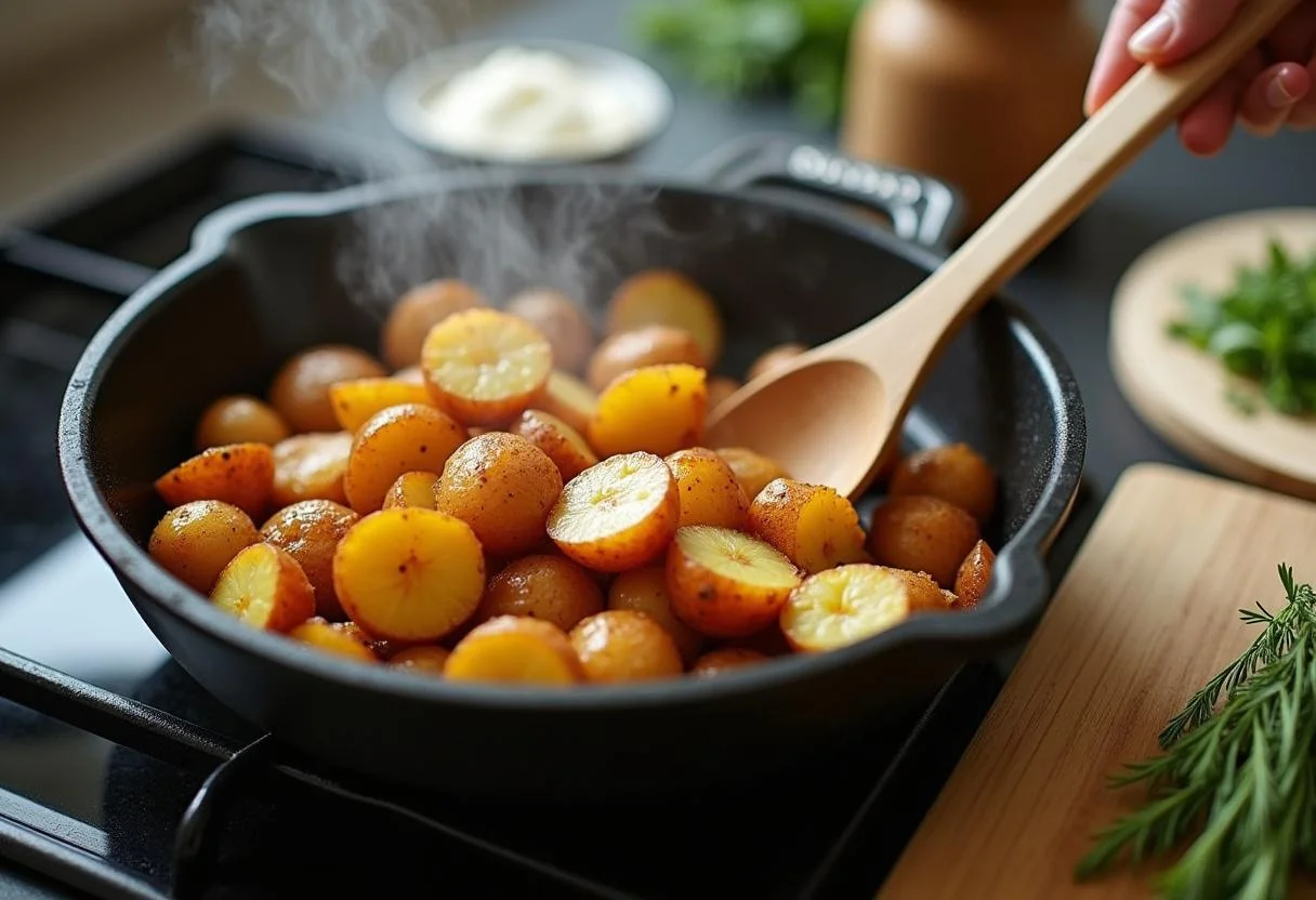 Remuer les pommes de terre dorées dans la graisse de canard pour la préparation des Pommes Sarladaises.