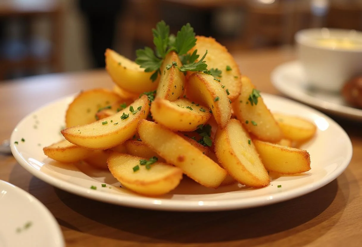 Pommes Sarladaises présentées, croustillantes et garnies, parfaites pour un repas français.