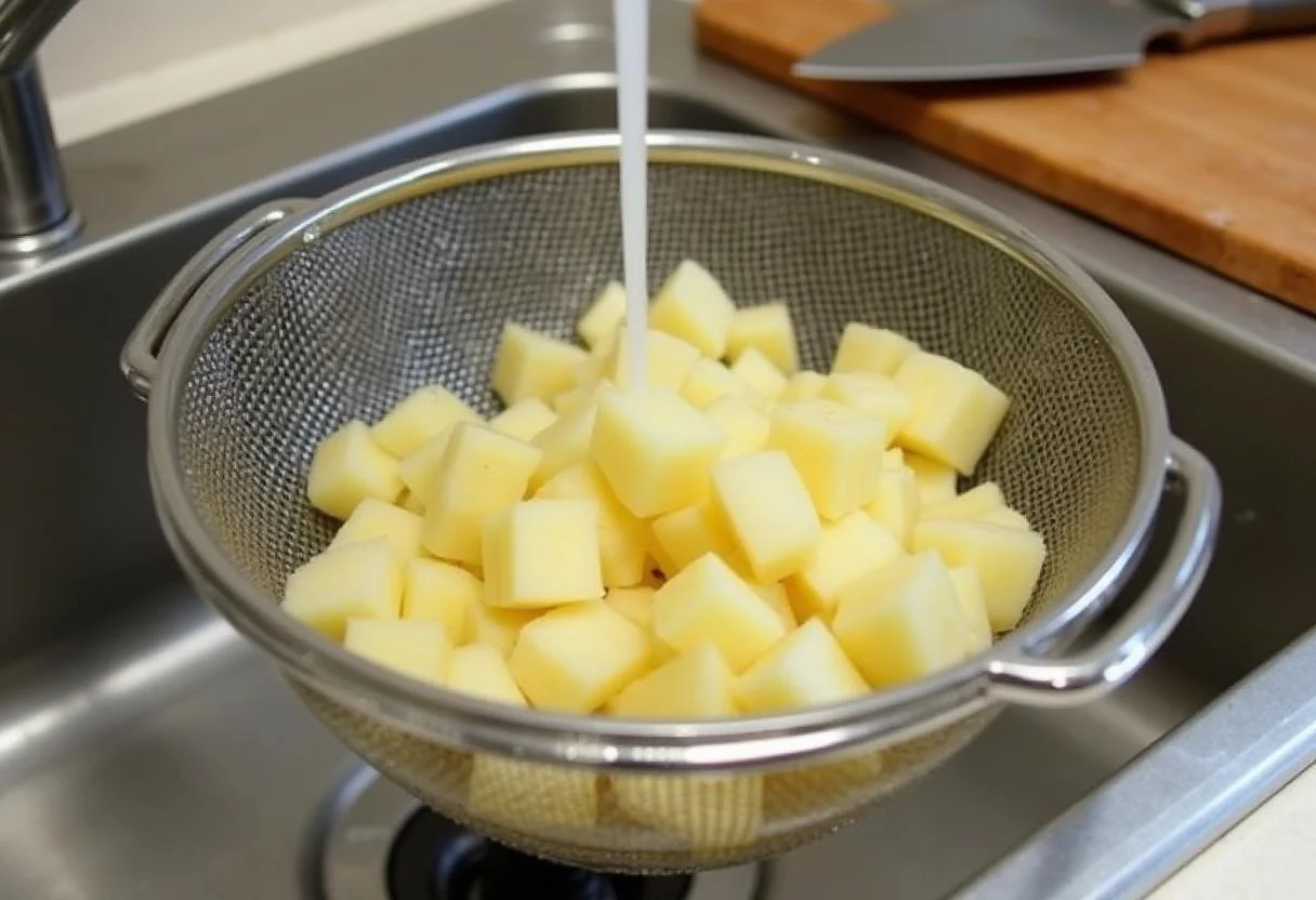 Diced potatoes rinsed for preparing Pommes de Terre Rissolées.