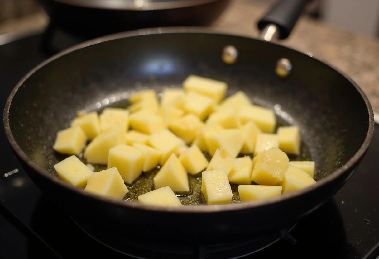 Diced potatoes being added to a hot frying pan for Pommes de Terre Rissolées.
