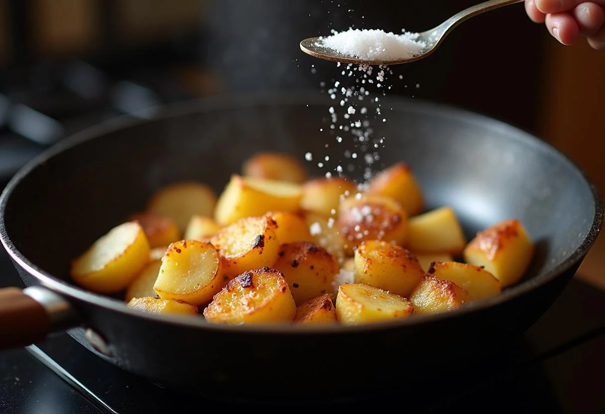 Golden-brown potatoes frying in a pan, seasoning for Pommes de Terre Rissolées.