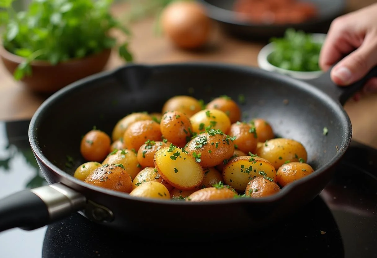 Crispy Pommes de Terre Rissolées ready to be served, garnished with fresh herbs.