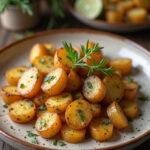Pommes de terre sautées prêtes à servir, présentées de manière élégante avec des herbes fraîches pour une belle finition.