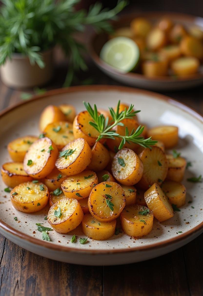 Pommes de terre sautées prêtes à servir, présentées de manière élégante avec des herbes fraîches pour une belle finition.