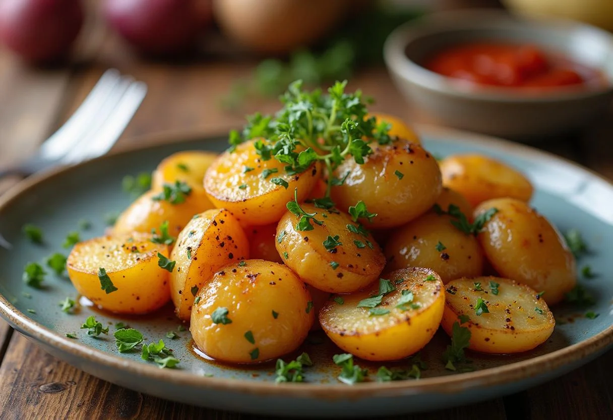 Pommes de terre sautées prêtes à servir, présentées de manière élégante avec des herbes fraîches pour une belle finition.