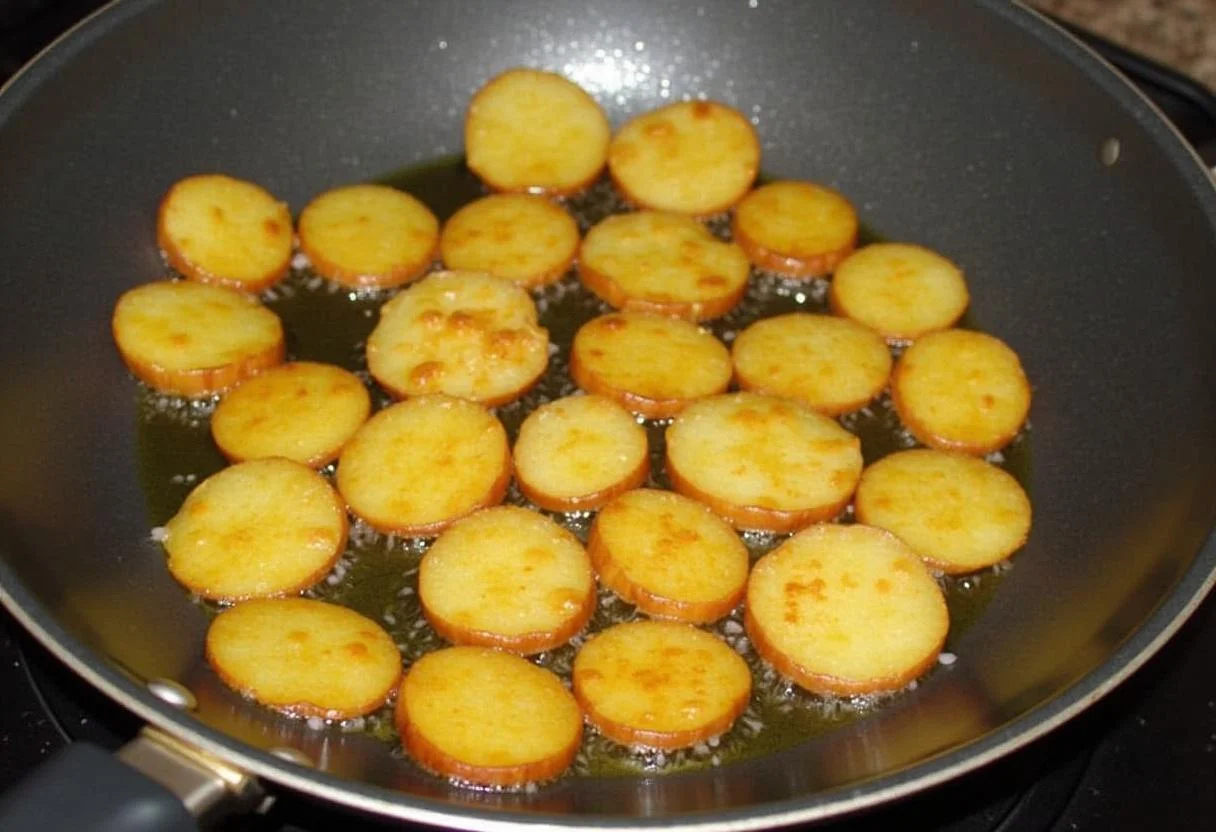 Chauffage de l'huile d'olive dans une grande poêle pour la cuisson des pommes de terre sautées, préparation de la friture.