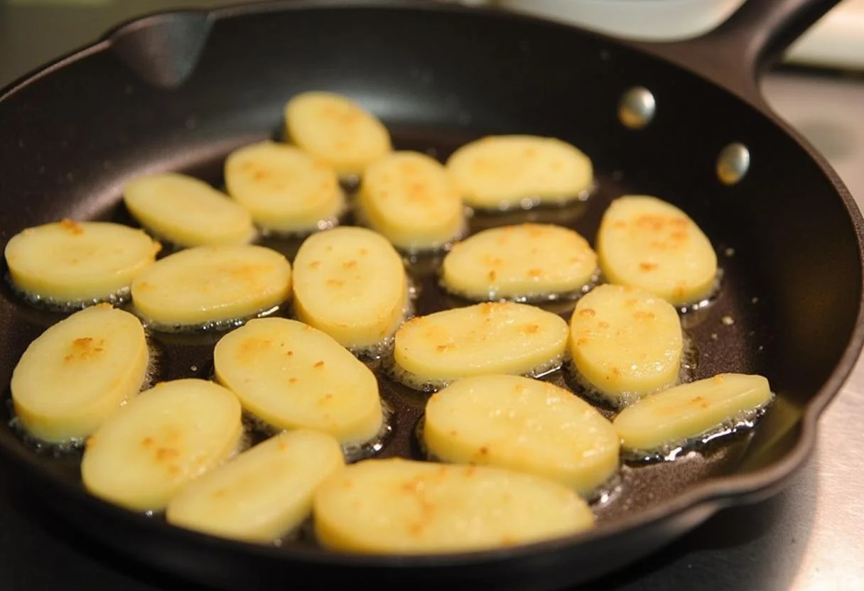 Cuisson des tranches de pommes de terre dans la poêle, création d'une croûte dorée sur la première face.