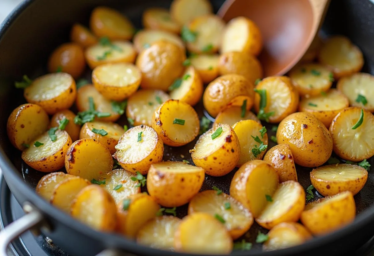 Assaisonnement des pommes de terre sautées avec du sel, du poivre et des herbes fraîches, amélioration de la saveur du plat.