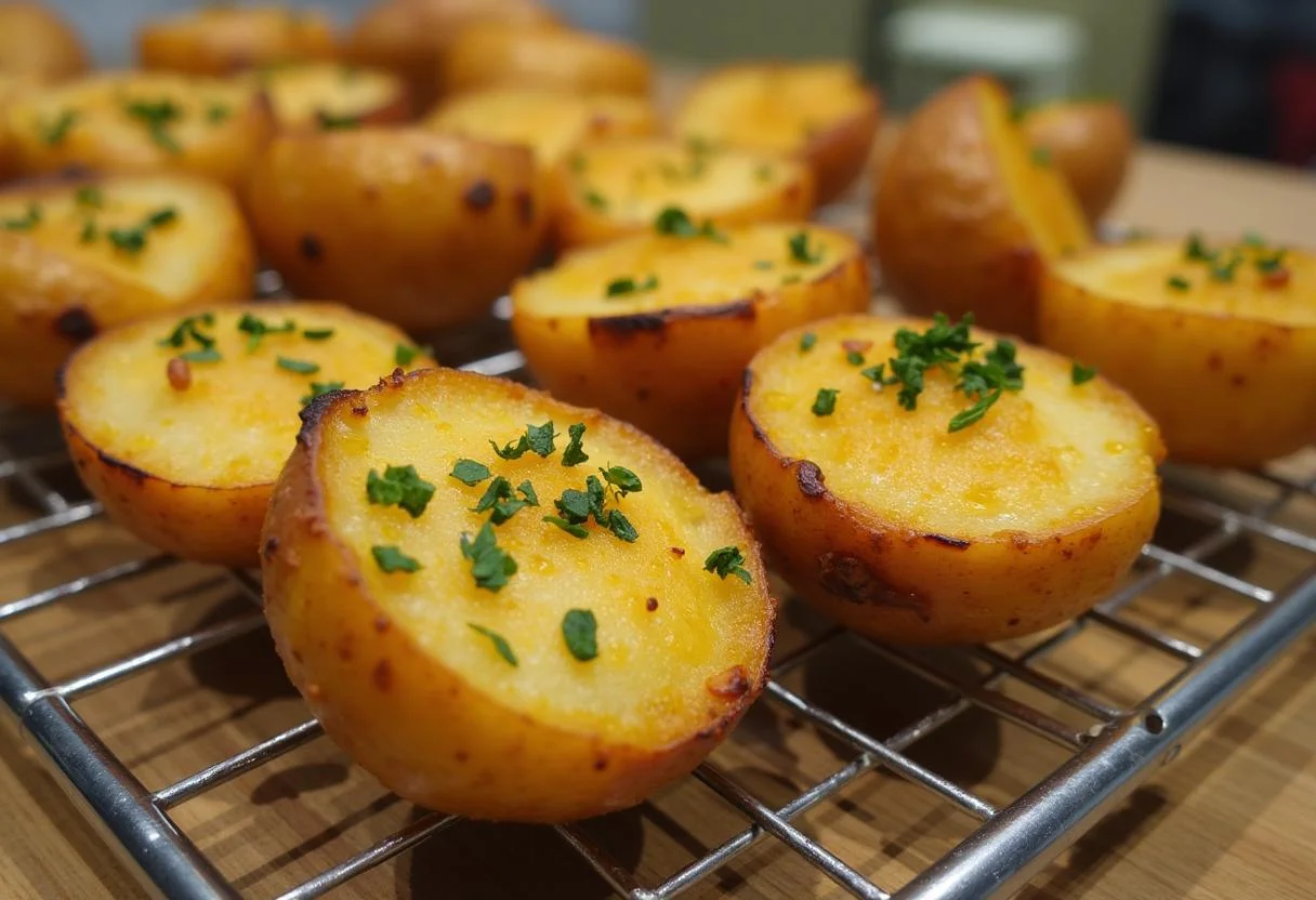 Pommes de terre rôties dorées reposant sur une grille, une esthétique de cuisine.