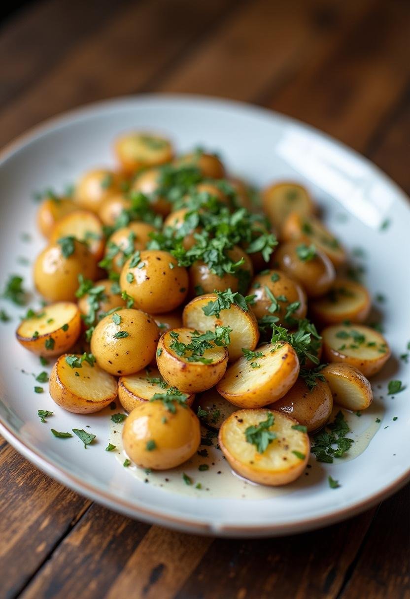 Présentation finale des Pommes de Terre en Robe des Champs servies avec des herbes fraîches.