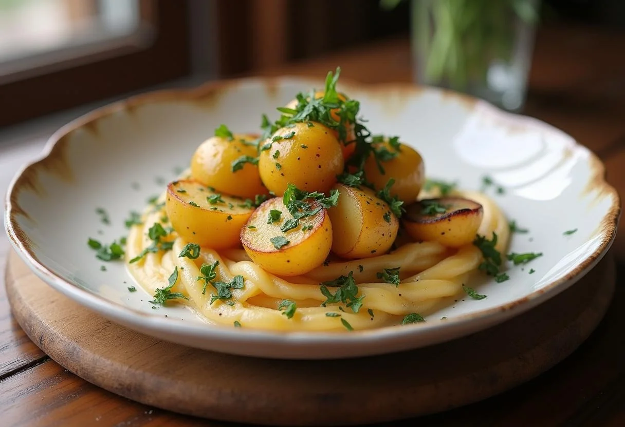 Présentation finale des Pommes de Terre en Robe des Champs servies avec des herbes fraîches.