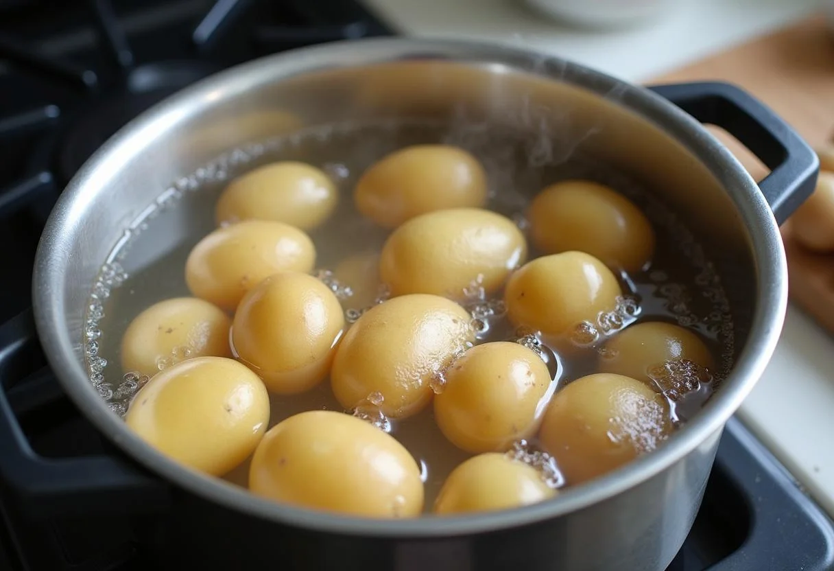 Une casserole d'eau bouillante avec des pommes de terre pour préparer les Pommes de Terre en Robe des Champs.