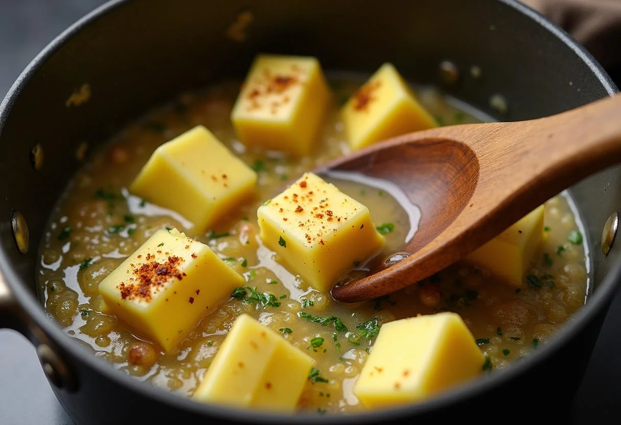 Préparation d'un mélange d'herbes et de beurre pour les Pommes de Terre en Robe des Champs.