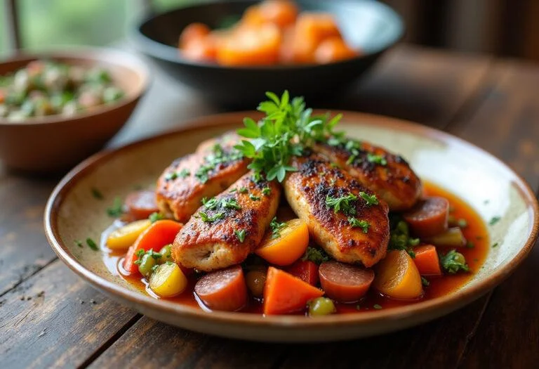 Présentation finale de la recette poulet chorizo dans un plat appétissant.